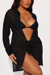 Summer Breeze Knotted Plisse Cover Up Dress - Black