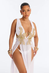 Leslie Applique High Slit Cover Up Dress - White