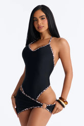 Callista 1 Piece Leopard Contrast Trim Swimsuit & Micro Mini Skirt Set - Black