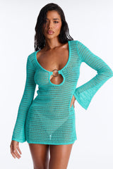 Clare Textured Long Sleeve O-Ring Swim Cover Up Dress - Turquoise