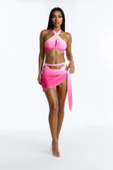 Sun Sea And Smiles Ombre Charm Jewels Waist Tie 3 Piece Bikini Sarong Set - Pink/combo