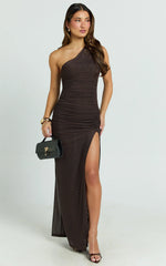 Georgia Maxi Dress - Mesh One Shoulder Ruched Bodycon Dress in Chocolate