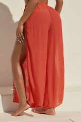 Beachside Breeze Linen High Side Slit Cover Up Pants - Coral