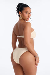 Sunsets Crochet 3 Piece Strapless Bikini & One Shoulder High Slit Cover Up Dress Sunsuit - Cream