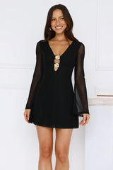 Champagne Aura Mesh Long Sleeve Mini Dress Black