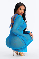 Coastal Veil Crochet Cover Up Bell Sleeve Dress - Blue