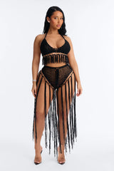 Desert Dreams 2 Piece Halter Bralette Crochet Fringe Sunsuit - Black