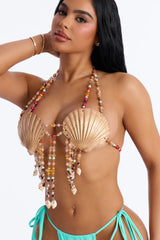 Seashells & Sunshine Beaded 3 Piece Bikini Sarong Set - Turquoise/combo