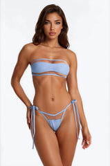 Aleen 2 Piece Denim Strapless Mesh Cut Out Bikini Set - Denim
