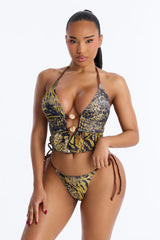 Soleil Goddess 2 Piece Leopard Tankini Beaded Bikini Set - Brown/combo