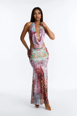 Mia 3 Piece Animal Print Triangle Bikini & Mesh Cover Up Cowl Neck Dress Sunsuit - Multi Color