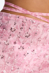 Salt Water Embellished Floral Sequin Trim Strappy Waist Tie Swim Cover Up Skirt - Pink