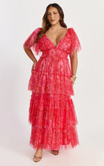 Leianna Midi Dress - Tulle Flutter Sleeve Tiered Ruffle Dress in Sunset Floral