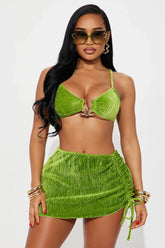 Farrah Hardware Velvet 3 Piece Bikini Ruched Skirt Set - Green