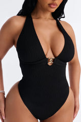 Fits Like A Glove Ribbed 1 Piece Plunge Neck Swimsuit - Black