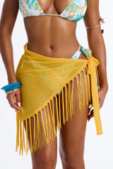 In The Tropics Mesh Fringe Swim Cover Up Sarong - Yellow