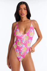Salty Bliss Tropical Contrast High Cut 1 Piece Swimsuit - Purple/combo