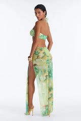 Suzanne 3 Piece Abstract Halter Bandeau Bikini & Mesh Cover Up Sarong Sunsuit - Green/combo