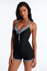 Sink Or Slay 1 Piece Halter Striped Romper Swimsuit - Black/White