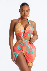 Sunset Sips Swim Cover Up Dress With Attached Bikini Bottom - Multi Color