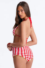 Sabine Gingham 2 Piece Crochet Triangle Bikini & Boyshort Bottom Set - Red/combo
