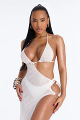 Raven Crochet Cut Out Maxi High Slit O-Ring Swim Cover Up Dress - White