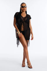 Umbrella In My Cup Tassel Trim Crochet Swim Cover Up Dress - Black