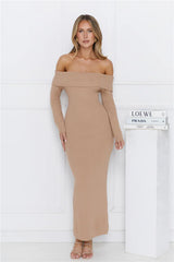 Snow Falling Off Shoulder Long Sleeve Knit Maxi Dress Mocha