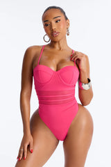 Pier Pressure Underwire Mesh Cutout 1 Piece Swimsuit - Hot Pink