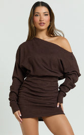 Alyce Mini Dress - Long Sleeve One Shoulder Dress in Chocolate