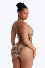 Chasing Sunsets Leopard Metallic Back Tie 1 Piece Swimsuit - Brown/combo