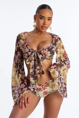 Warm Vacay Sheer Flare Sleeve Front Tie Boyshort 3 Piece Bikini Set - Brown/combo