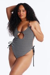 Adelina Striped 1 Piece Cut Out Swimsuit - Black/White