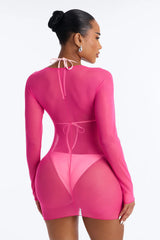 Find Your Groove Mesh Swim Cover Up Mini Dress - Hot Pink