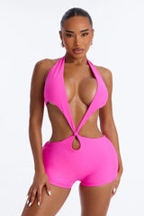 Unforgettable 1 Piece Plunge Cut Out Swimsuit Romper - Fuchsia