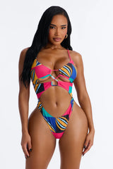 Leila Abstract Cut Out 1 Piece Swimsuit With Swim Cover Up Kimono - Multi Color