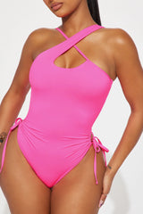 Beachside Coconuts Ruched Asymmetrical 1 Piece Swimsuit - Hot Pink