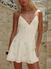 Odelinda Patchwork V Neck Mini Dress Cream Sequin