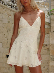Odelinda Patchwork V Neck Mini Dress Cream Sequin