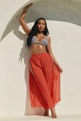 Beachside Breeze Linen High Side Slit Cover Up Pants - Coral