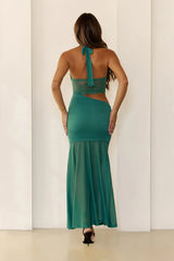 Icon Muse Halter Mesh Lace Maxi Dress Green