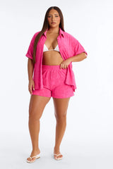 Cristal Textured Swim Cover Up Short Set - Fuchsia