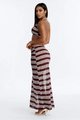 Nicolina Striped 3 Piece Bandeau Bikini & Cover Up Maxi Skirt Sunsuit - Brown/combo