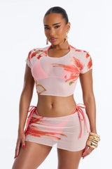 Camellia Floral 4 Piece Triangle Bikini Set With Cover Up Top & Skirt Sunsuit - Orange