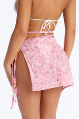 Salt Water Embellished Floral Sequin Trim Strappy Waist Tie Swim Cover Up Skirt - Pink
