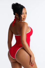 Sun Flower Babe Cut Out 1 Piece Plunge Swimsuit - Red