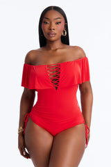 Take One Shoulder Ruffle Sleeve Lace Down Ribbed 1 Piece Swimsuit - Red