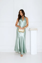 Softly Yours Satin Halter Maxi Dress Sage