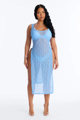Live In The Moment Mesh Cover Up High Slit Dress - Blue