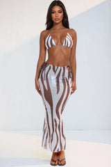 Amina Zebra 3 Piece Bikini Skirt Set - Brown/combo
